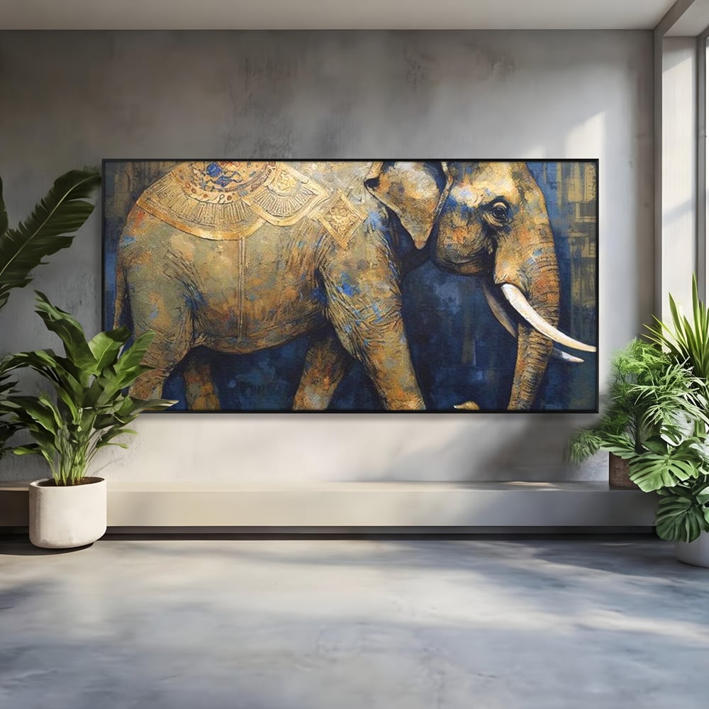 Tablou canvas cu tablou canvas cu pictura de elefant auriu, in rama de aluminiu negru